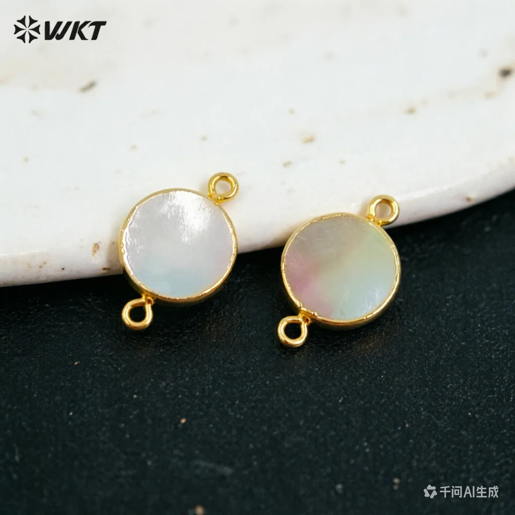 WT-C153 Fashion Lovely Small Round Shape Pendant Natural Black Pearl Connector Double Hoops Gold Plated For Jewelry Handmade