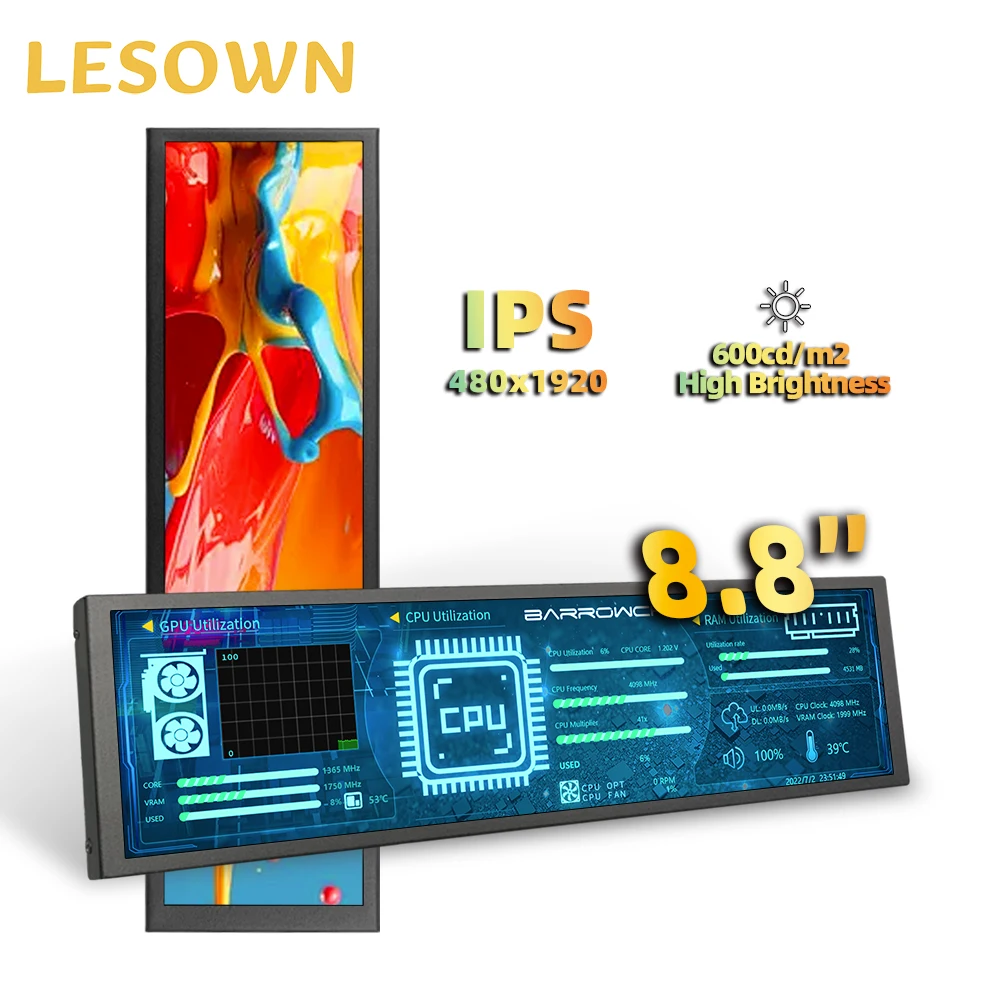 LESOWN 8.8inch USB Secondary Screen HMDI-compatible Bar Monitor 1920x480 IPS LCD CPU GPU Data Display for Aida64 Temp Monitoring