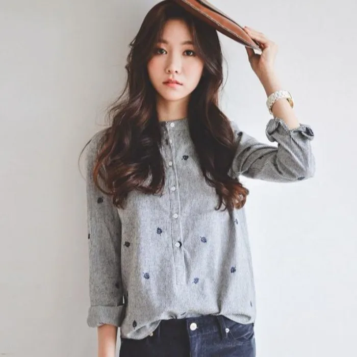 Loose Long Sleeve Women's Shirt Stand Collar Embroidered Stripes Korean Style  Student Versatile Spring New Fashion Top