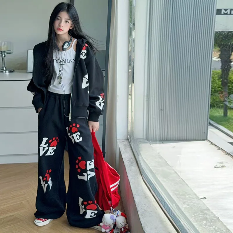 

Korean Children Girls 2pcs Sets Autumn Teenager Girls Letter Printed Zipper Hooded Coat Junior Girls Elastic Waist Sport Pant
