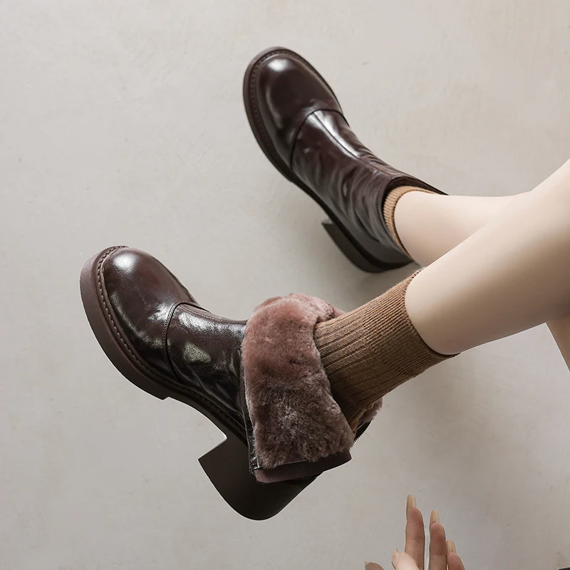 2026 new autumn winter women ankle boots natural leather plus size 22-25cm sheepskin+wool thick heel back zip short boots