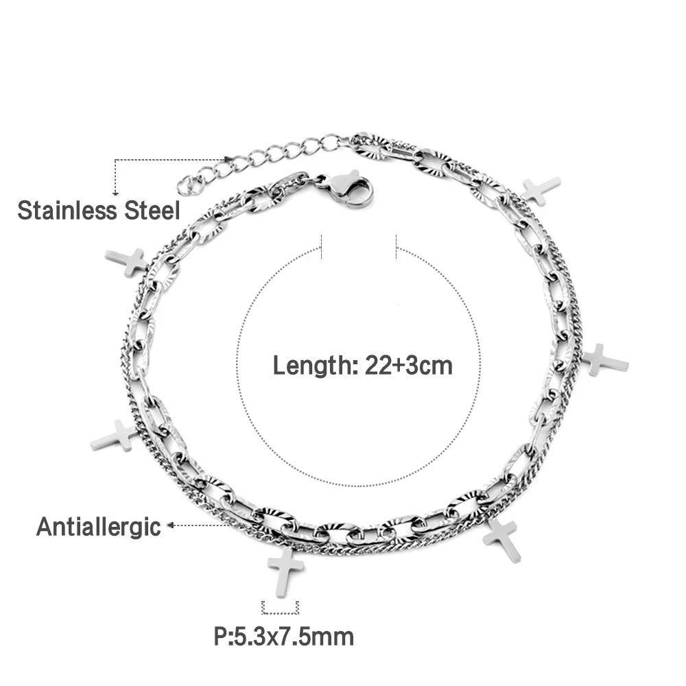 Luxusteel cruz dupla pé corrente tornozeleiras para mulheres pulseira na perna de aço inoxidável corrente tornozeleiras festa de casamento jóias