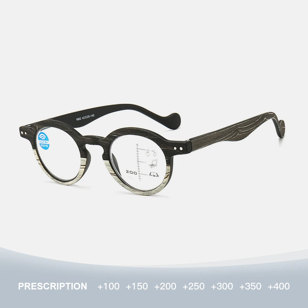 

Reading Glasses Retro Wood Grain Anti-Blue Light, Smart Progressive Multifocal Glasses for Men and Women, Distance and Near Use