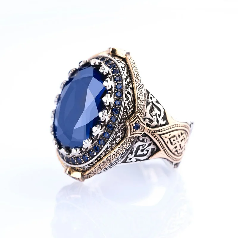 Exquisite Luxury Two Tone Inlaid Blue Zircon Men Ring Holiday Party Anniversary Jewelry Gift for Boyfriend
