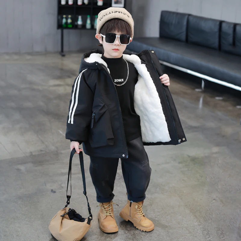 

Trendy Boys Winter Cotton Jaet Fce Lined Thiened Parka Coat Waterproof Stand Fit Long Sve Zipper Closure Casual ...