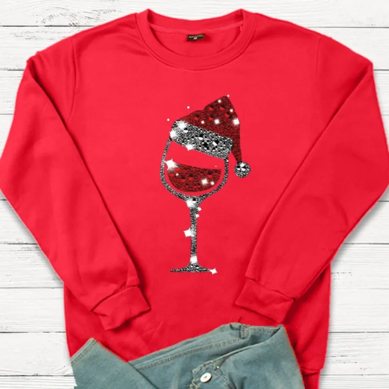 

New Christmas Wine Glass Christmas Hat Pattern Printed Long Sleeve Crewneck Hoodie Streetwear Women Aesthetic Clothes