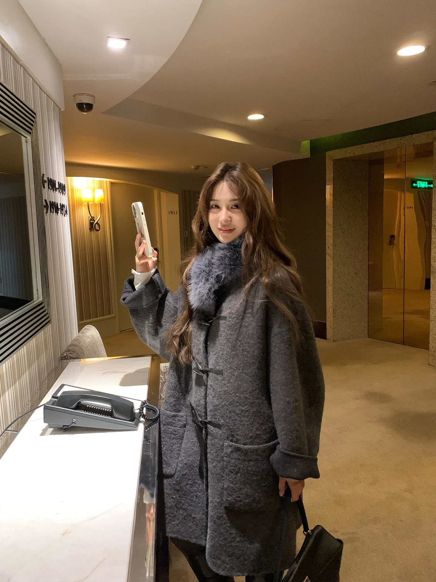 

SSONG Double-Faced Woolen Coat Women's Stand Collar Button-Up Warmth Outerwear Vintage Sle Long Sve Mid-Length Coat