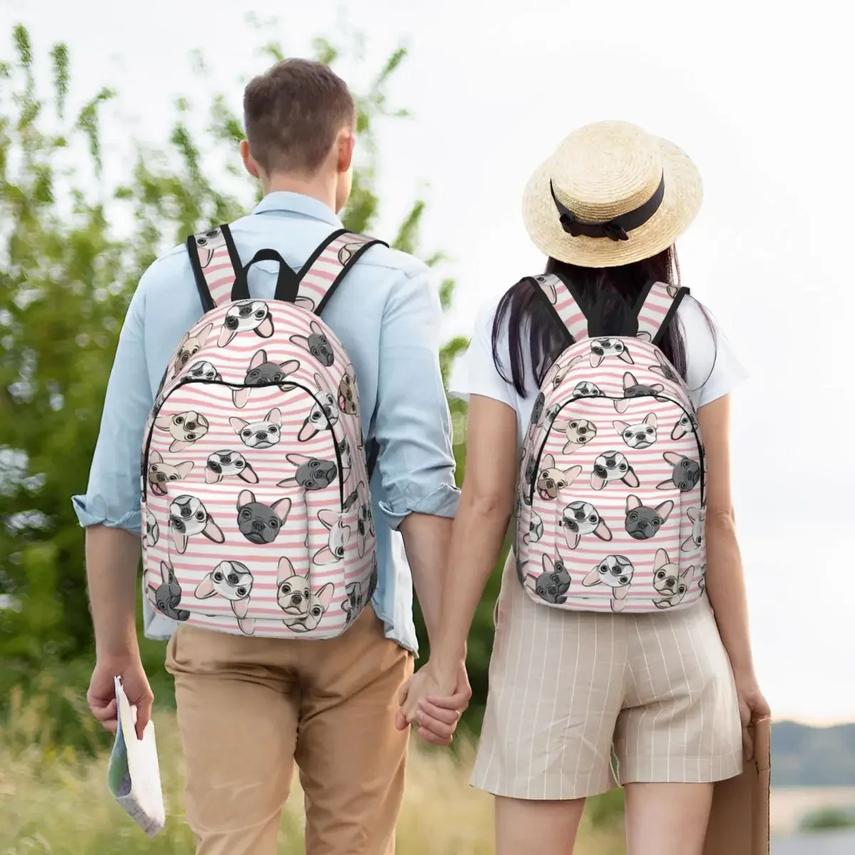 Bolsa escolar para homens e mulheres, todo o buldogue francês, cachorro fofo, mochila escolar, faculdade primária, listras rosa