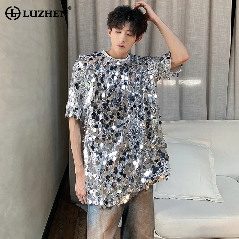 LUZHEN Personalized Trendy Sequin Splicing Design Short Sleeve T Shirts Original Stylish Street High Quality Men\'s Tops LZ3917