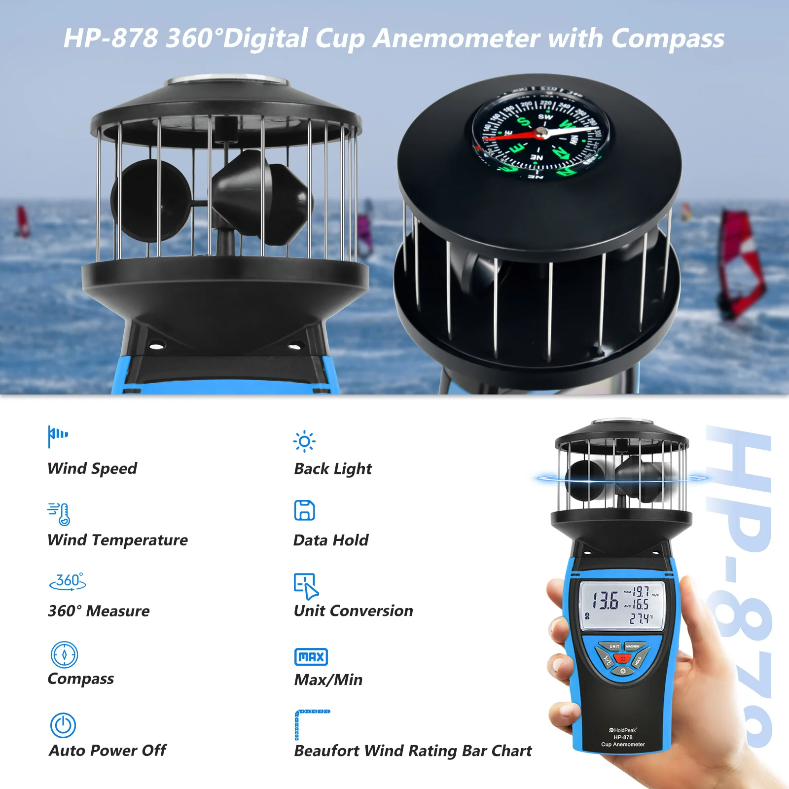 HoldPeak HP-878 Cup Anemometer 0.7-42m/s 4 Units Compass 360° MAX/MIN/AVG Backlight Data Hold for Sailing HVAC