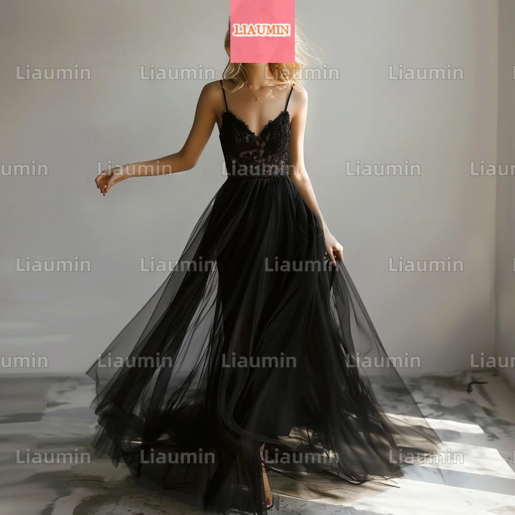 Custom Made New Simple Black Tulle With Lace Applique Spaghetti Strap Evening Prom Dresses Full Length Formal W17-1.13