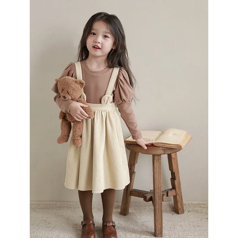 2024 AncoBear Baby Girls Suspender SKirt for Autumn Winter Kids Corduroy Overall Dress Children Vintage Casual Loose Outfits