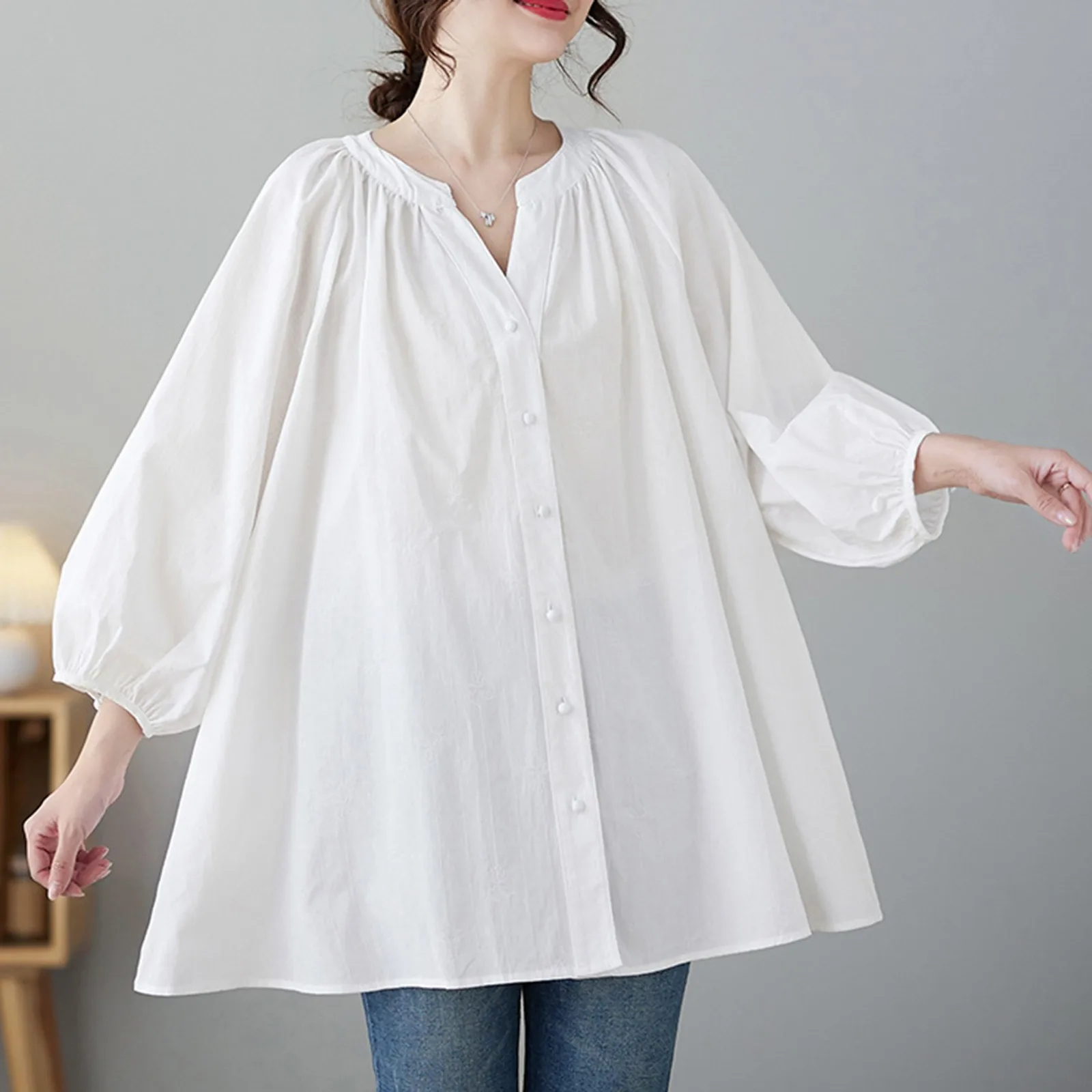 

Cotton Solid Color Blouse 2024 New Spring Summer Women Fashion Button Shirt Top Female Chemises Elegant Casual Loose Clothing