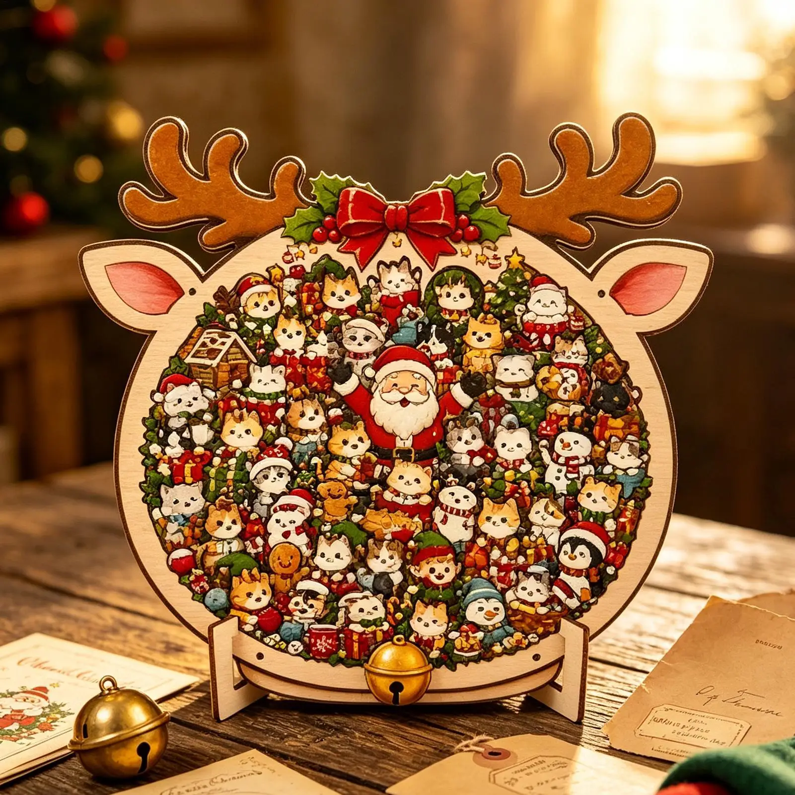 Christmas Dog Wooden Jigsaw Puzzle Over 100Pieces With Frame Acrylic Cover Stand Festival Animal Assembly Decor