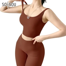 SOISOU Rib fabric Bra Top Women Gym Sports Anti-shake Fitness Sports Underwear Yoga Tops For Girls 9 Colors Chest Pad Removable