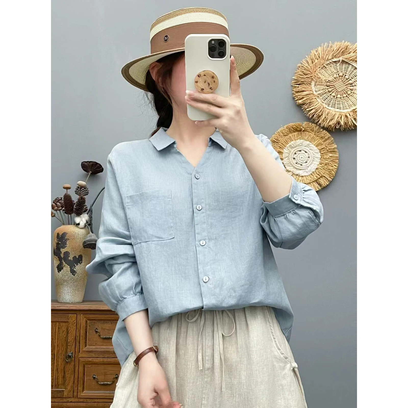 Spring Summer Thin Retro Artistic Linen Casual Long Sleeve Shirt Loose Versatile Pure Color V-neck Women's Fashion Shirt