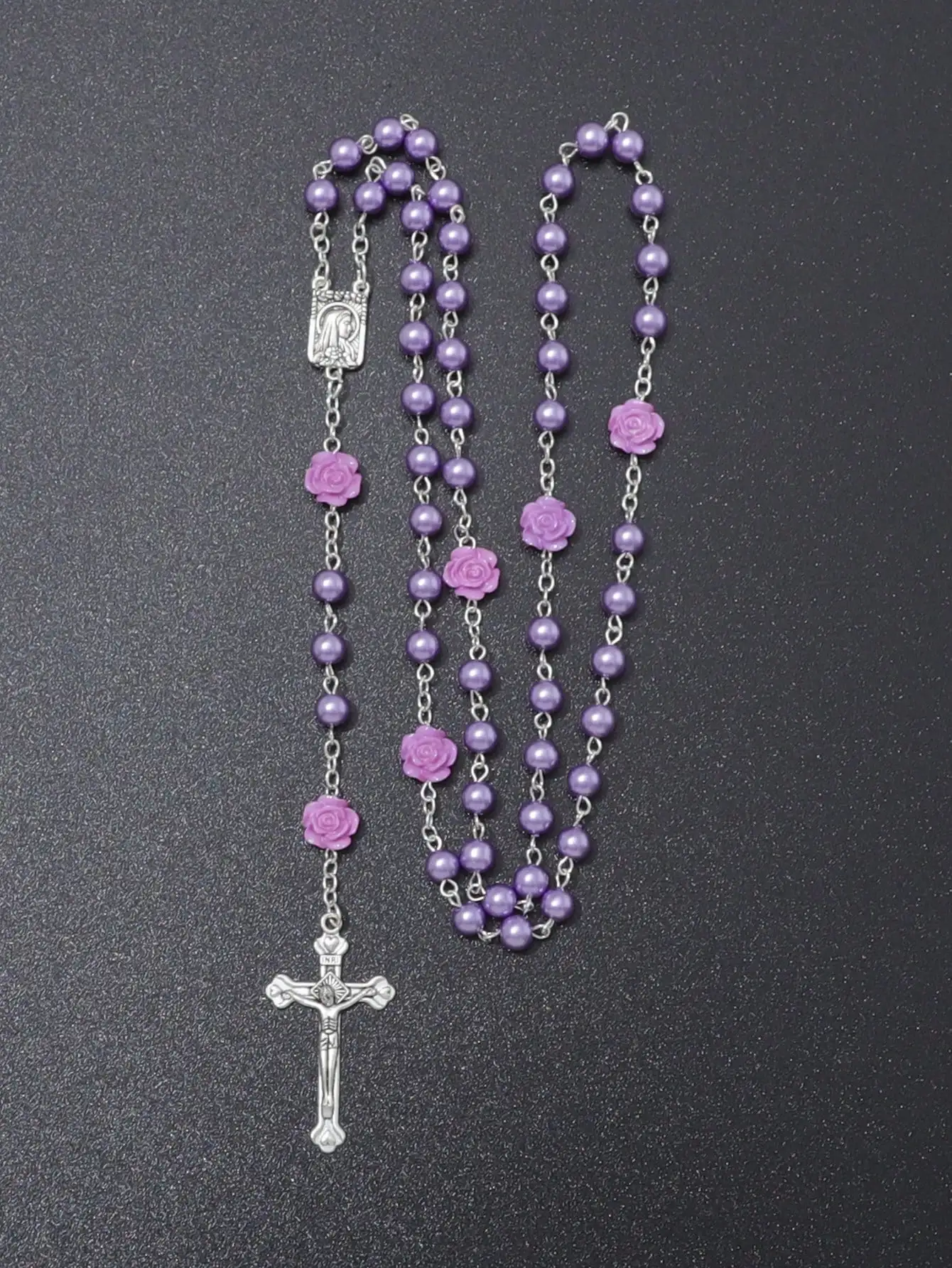 اللؤلؤ الديني العتيقة الأرجواني الصليب الوردية قلادة القلائد يسوع سانت بنديكت مطرز قلادة للرجال النساء المجوهرات #6