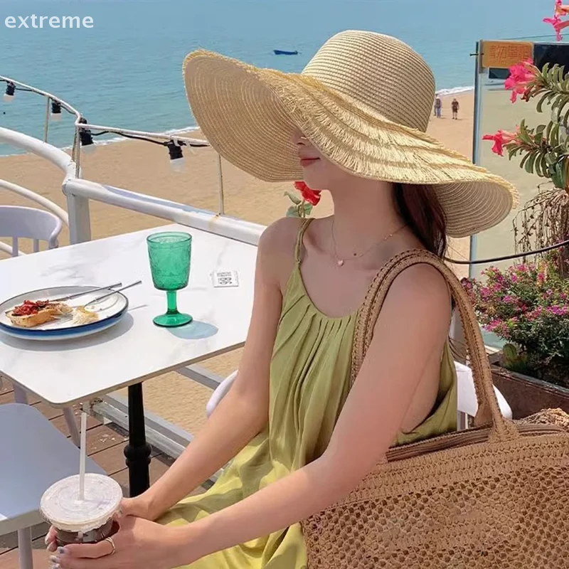 Durable Summer Beach Sunshade Straw Hat Women's Beach Vacation Sunscreen Hat Beach Big Brim Straw Knitted Hat