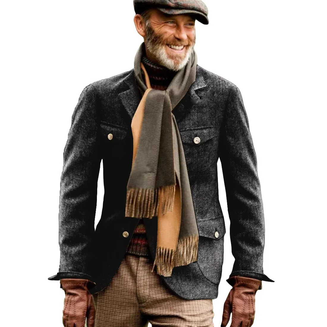 Vintage British Herringbone Sport Coats Tweed Tweed Hunting Casual Stand Collar Multiple Pockets Jacket Men's Suit Thick Blazers