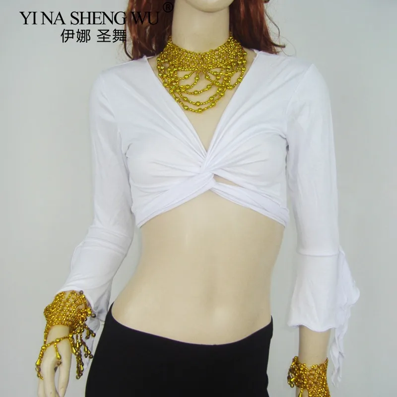 Top de dança do ventre feminino manga larga colheita superior envoltório prática traje desempenho camisa oriental tribal dacne palco showoutfit