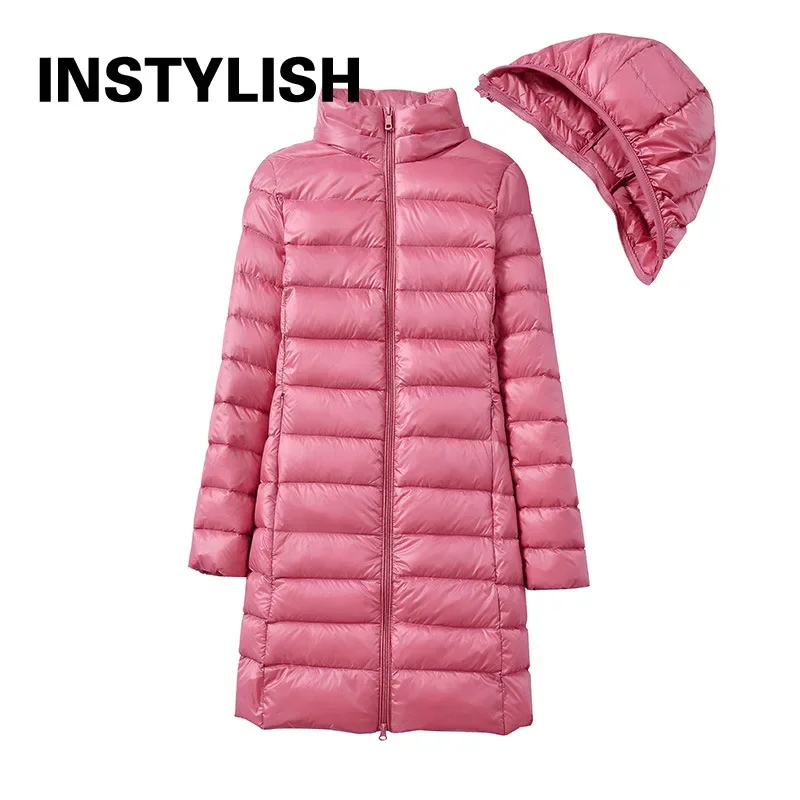 Women Elegant Lightweight Down Coat Casual Solid Slim Long Jacket Korean Harajuku Thin Removable Hooded Padding Puffer Outwear