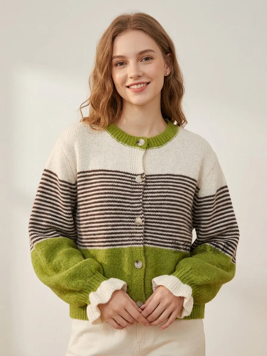 Kawaii Color Block Patchwork Striped Knitted Cardigan Contrasting Color Casual Loose Soft Plush Knitted Women's Sweater Jacket 4