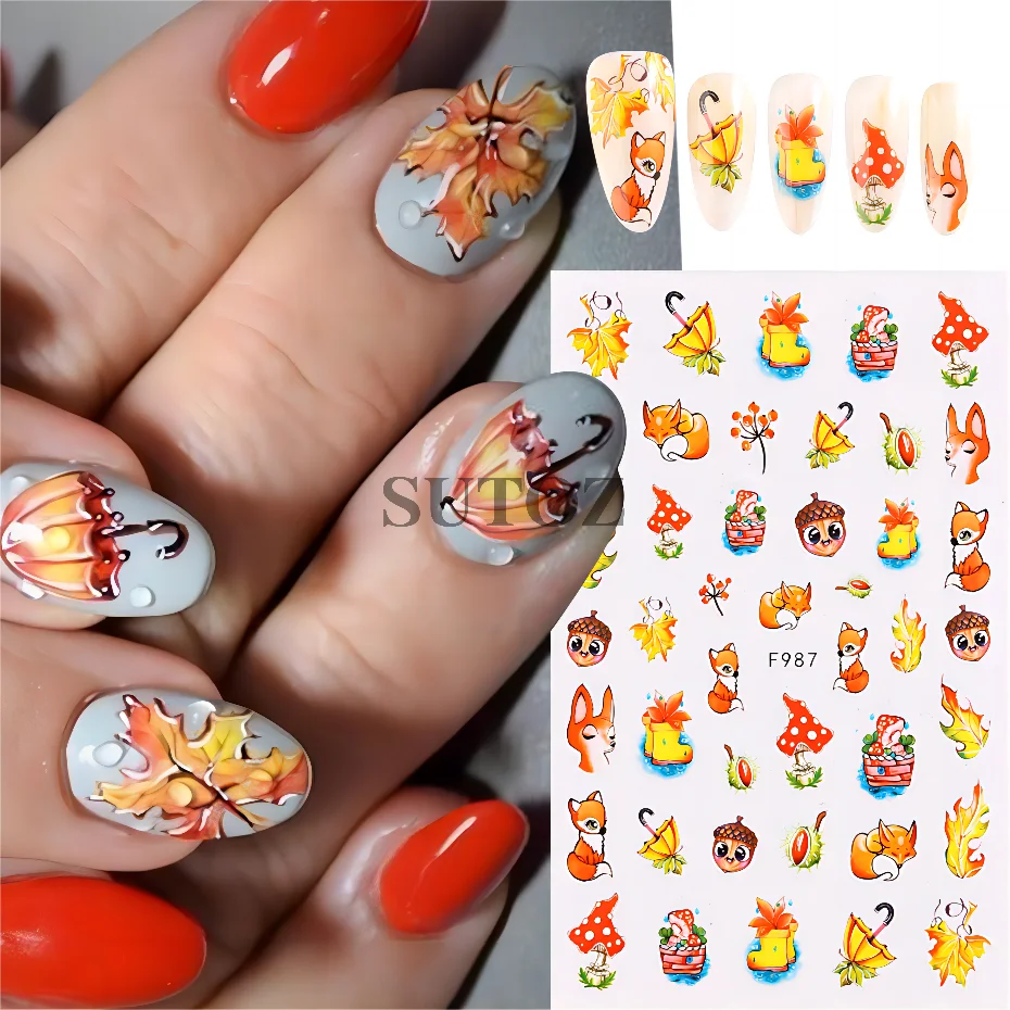 Fall Nail Stickers Autumn Nature Stick-On Nails Maple Leaf Pumpkin Thanksgiving Designs Nail Tattoo Stickers Nail Art Decor F986