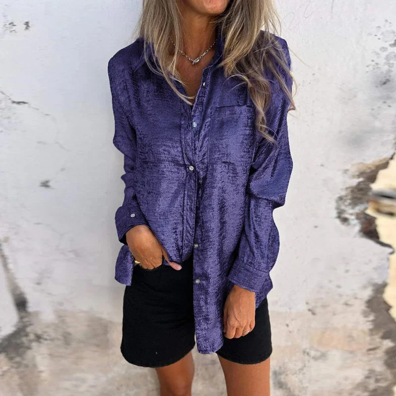 

Women Casual Suede Fashionable Lapel Shirt Spring Elegant Single Breasted Office Blouse Autumn Long Sleeve Loose Long Tops Mujer