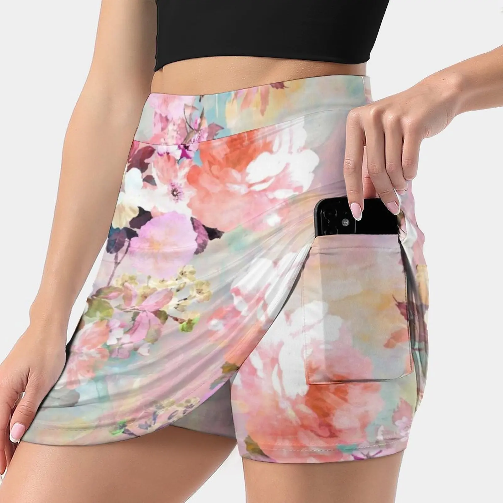 

Romantic Pink Teal Watercolor Chic Floral Pattern Women's skirt Sport Skort Skirt With Pocket Fashion Korean Style Skirt 4Xl