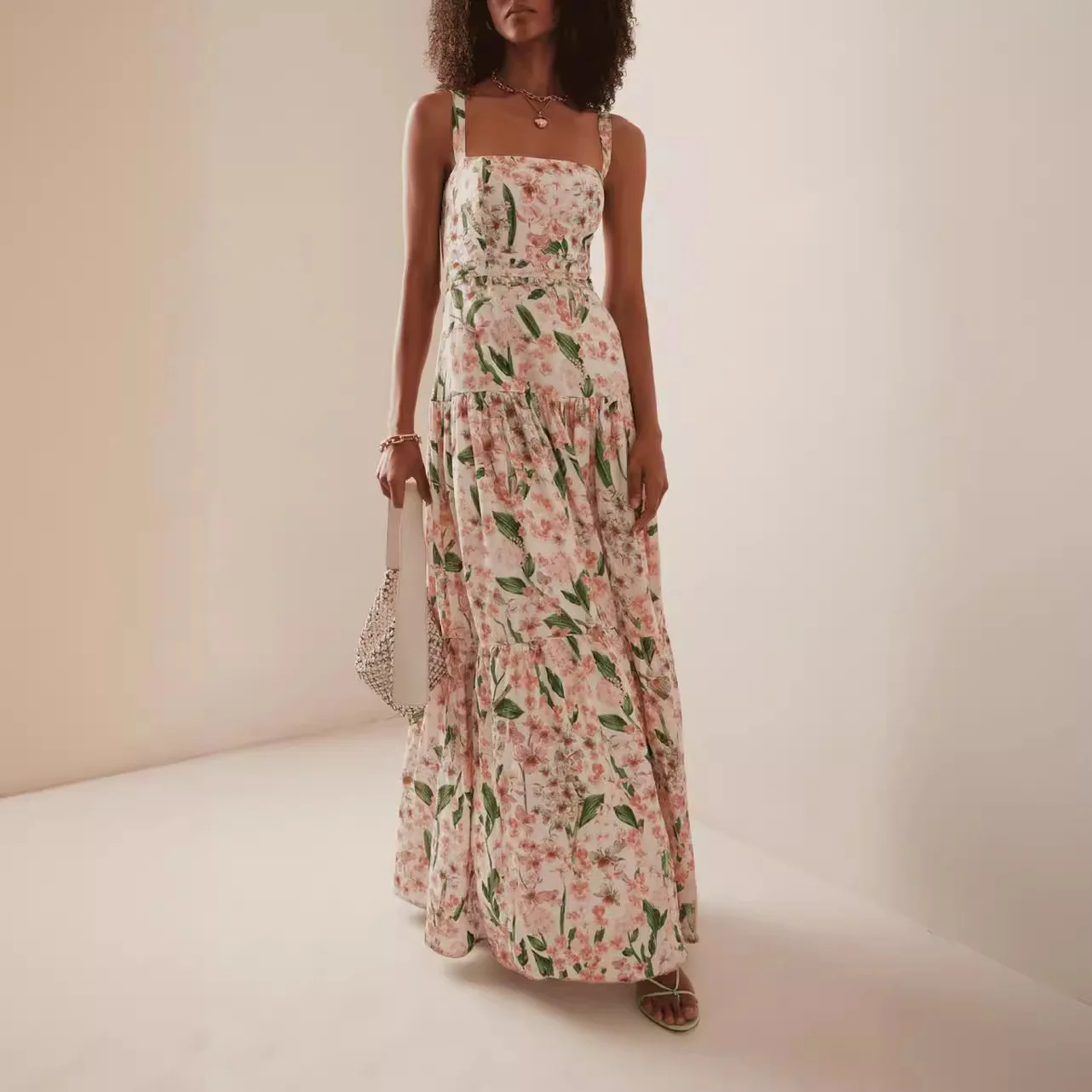 Transfrontalier printemps été nouveau doux et épicé Sle imprimé fleuri sangle a-ligne jupe Dr Ele taille Polyester tricoté Dr