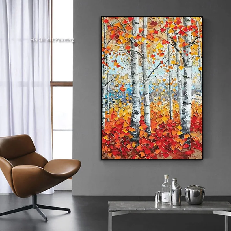 Red And Orange Autumn Brich Tree Landscape Canvas Oil Painting Hand Drawn Blue Yellow Forest Canvas Wall Art For Room Decor