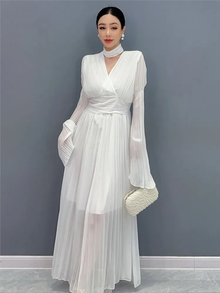 Autumn Flare Sleeve V-neck Midi Dresses for Women Solid Pleated A-line Elegant Party Dress Korean Fashion One Piece Vestidos New