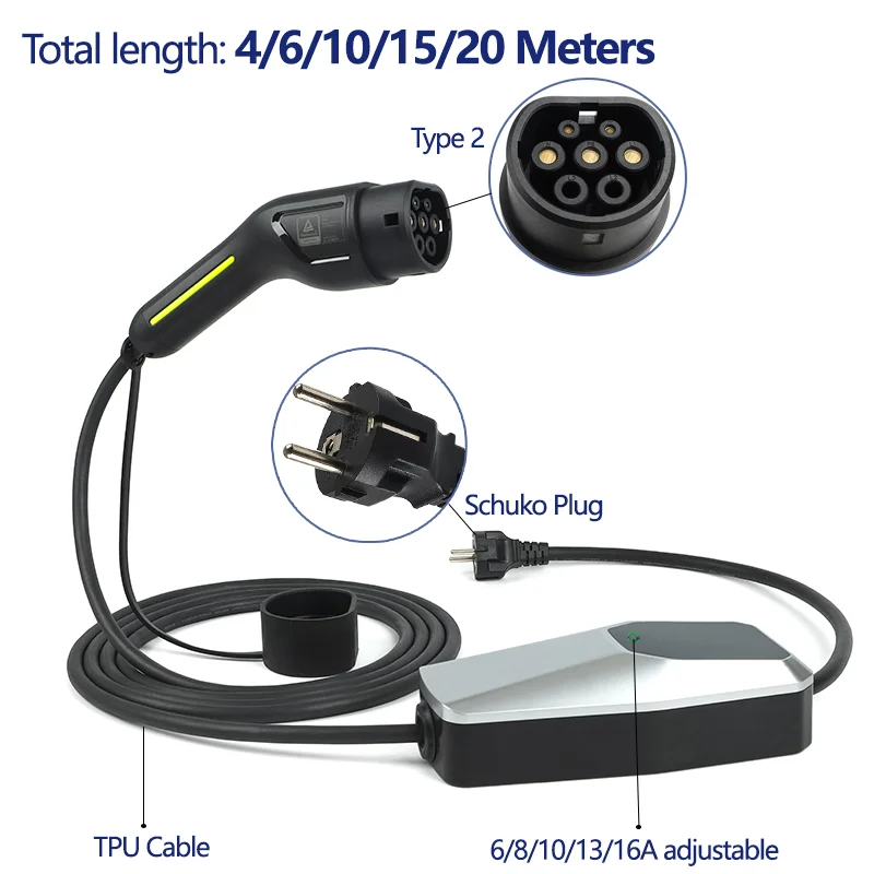 Chargeur de voiture électrique portable Type 2 pour domicile, 20 mètres, 15 mètres, courant réglable 4-6-10-15-20 mètres