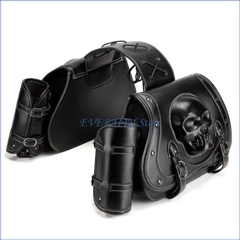 

124B Versatile Motorcycle Saddlebags PU Leather Waterproof Storage Bag Stylish Skull Designs Saddlebags Upgrades for Bike