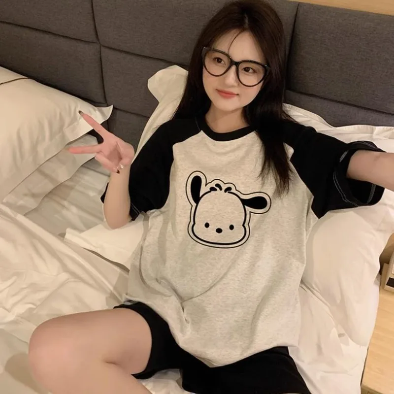 Sanrio Pajamas Women's Summer Short-sleeved Hello Kitty Shorts Cartoon Fresh and Loose Large Size Internet Loungewear Set Gift