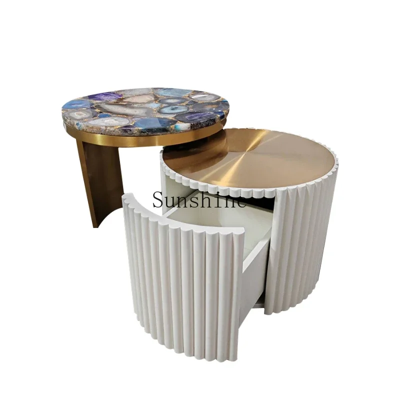 

Modern light luxury round coffee table living room household small apartment rotating retractable drawer high and low tea table