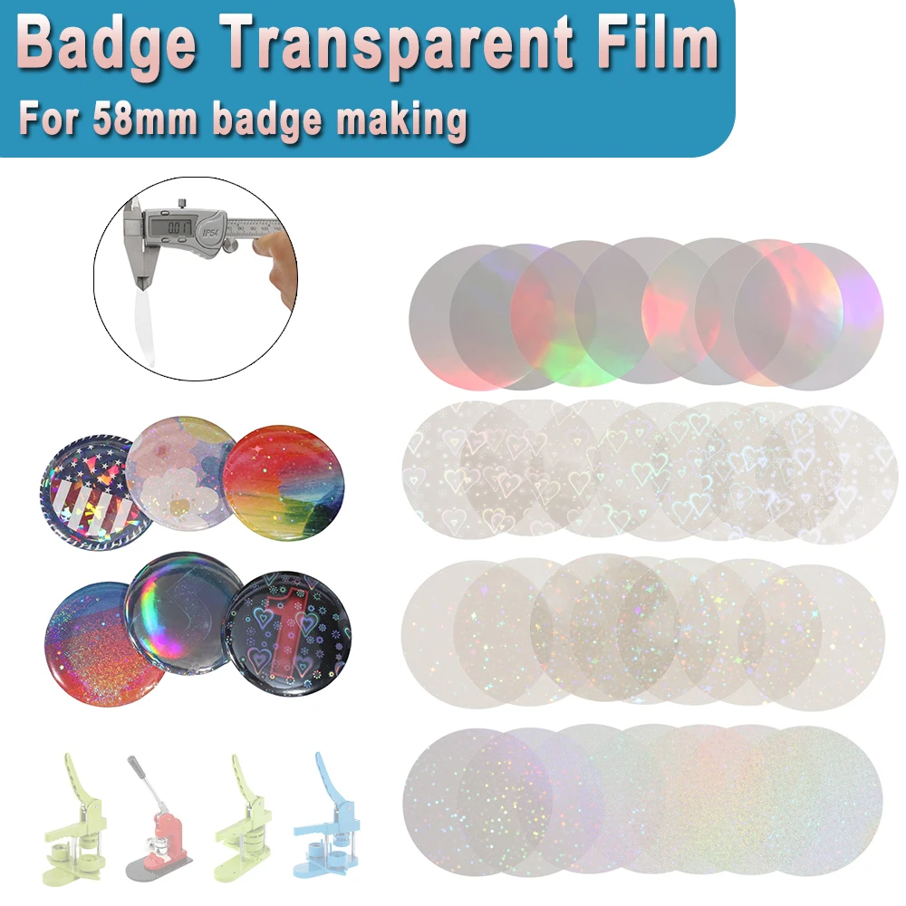 Piezas de botón de película transparente de 58mm, película protectora de plástico transparente, materiales de Pin de insignia DIY para fabricación de insignias circulares de 58mm, 100/200 Uds.