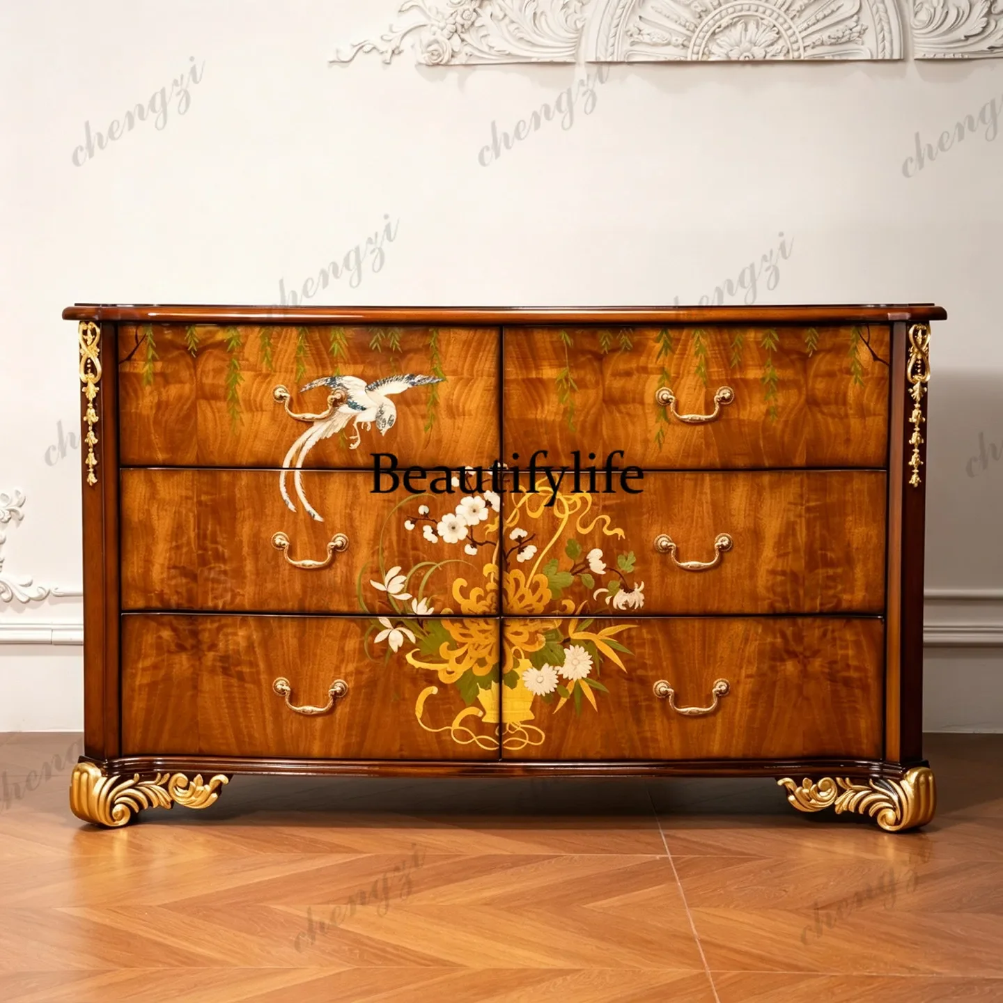 French retro solid wood six-chest cabinet European hand-carved entrance cabinet art storage cabinet