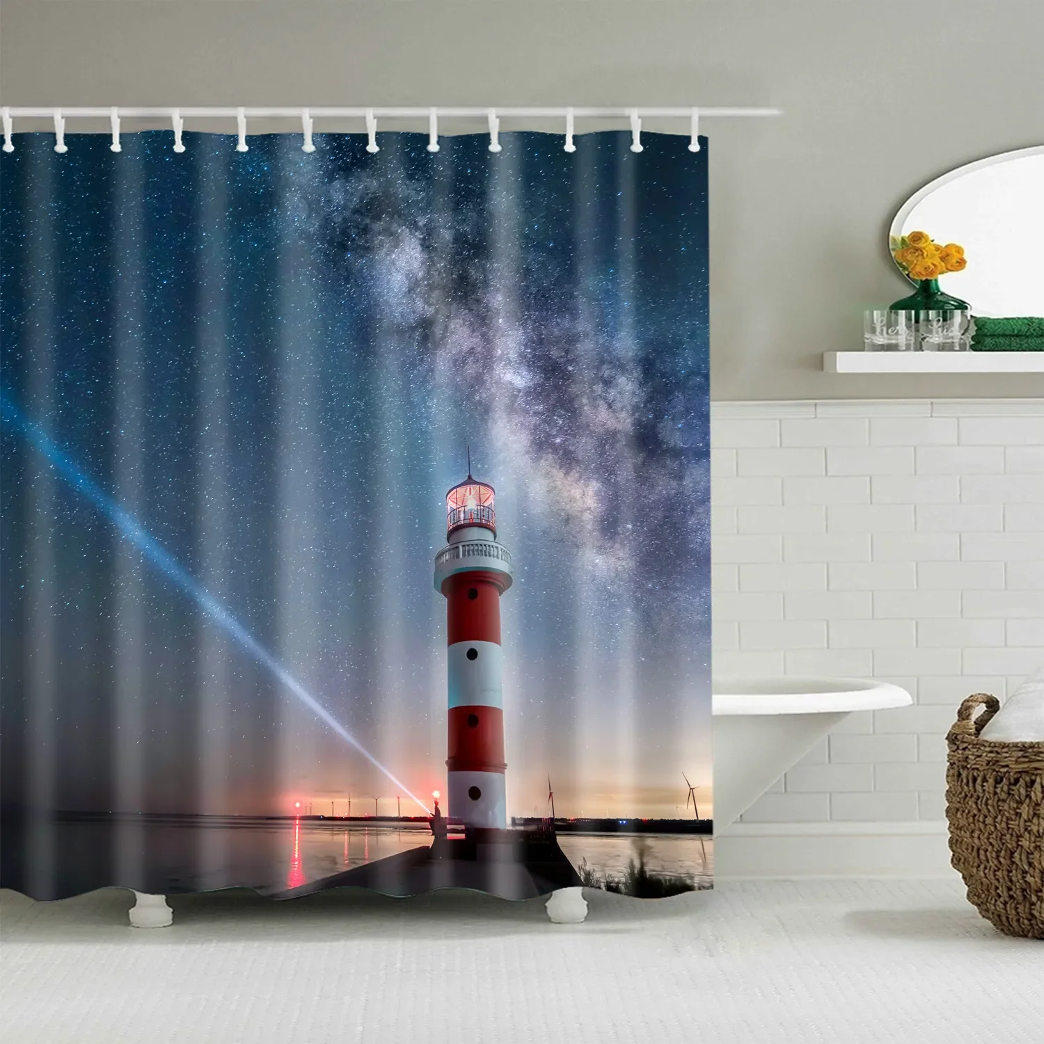 3d Print Lighthouse Galaxy Shower Curtains Night Starry Sky Bathroom Curtain Waterproof Polyester Fabric With Hook Bath Curtain