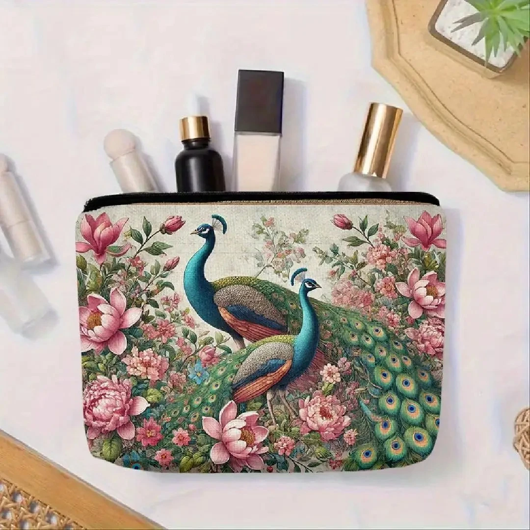 حقيبة مكياج على شكل طاووس وزهور - حقيبة نسائية لطيفة متعددة الوظائف بسحاب، حقيبة تخزين المجوهرات