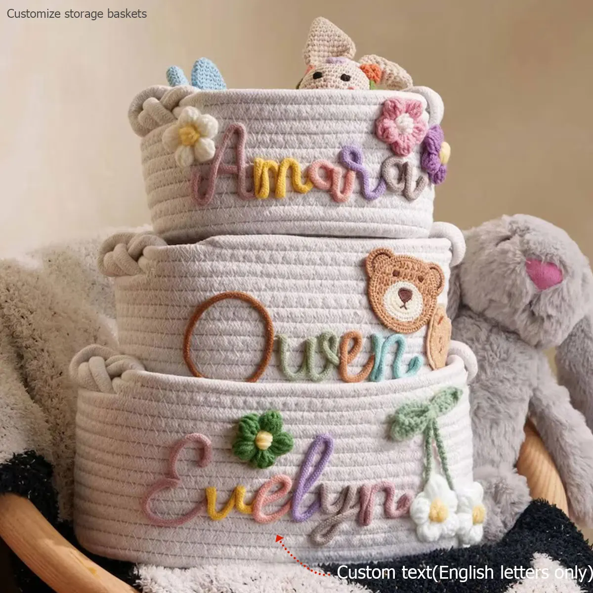 1pc Personalized Letter Handmade Cotton Rope Storage Basket, Party Gift Basket, Multifunctional Storage Basket, Easter Gift