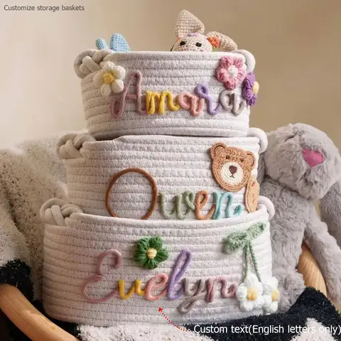 1pc Personalized Letter Handmade Cotton Rope Storage Basket, Party Gift Basket, Multifunctional Storage Basket, Easter Gift