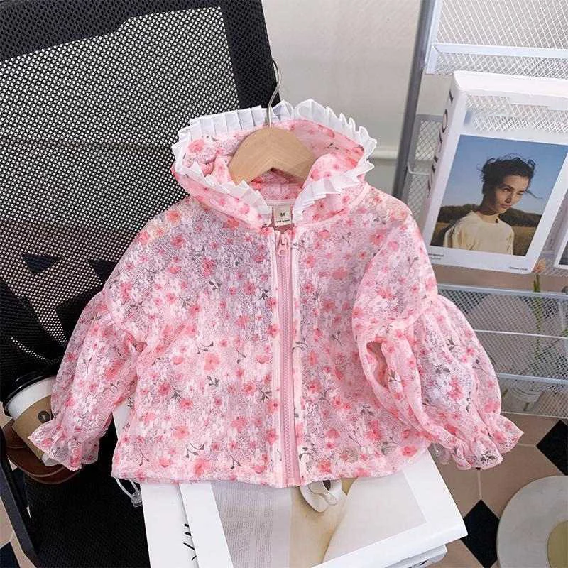 Cute Girls' Sunscreen Clothes Pink Floral Hollow Out Hooded Thin Coats Summer Children's Lightweight Breathable Zipper Top ﻿