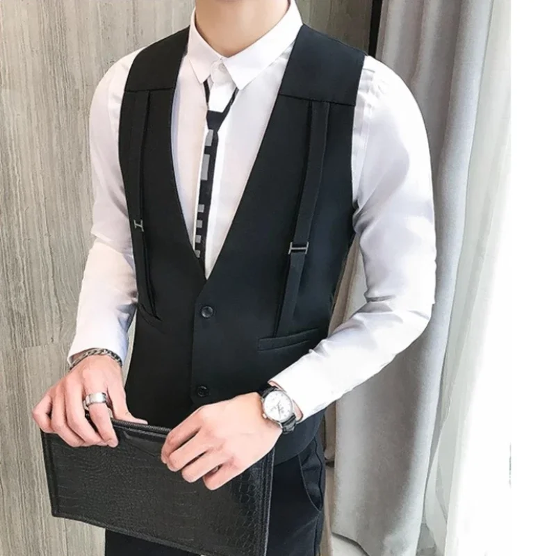 Brand Strap Decorative Vest Men Casual Sleeveless Vests Slim Fit Prom Party Disco Waiter Nightclub Dress Vest Tuxedo Gilet Homme