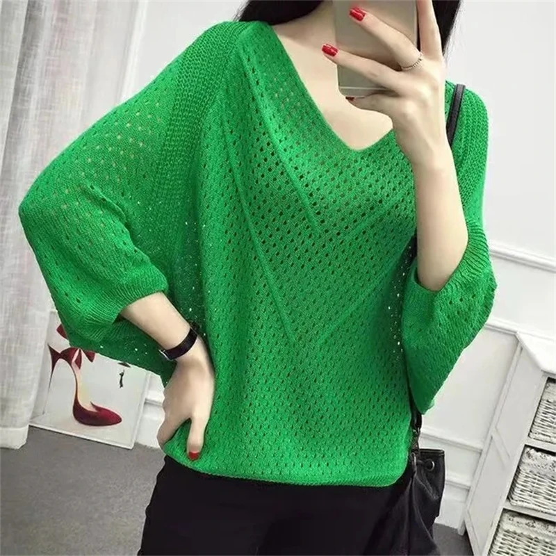 Sexy Women Knitted Pullover Mesh Hollow Top Female Spring Fashion Bat Sleeve Lady Thin Clothes Tide Korean Style  Jumper V-Neck