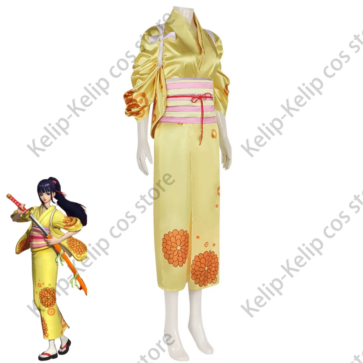 

Anime Kikunojo O-Kiku Cosplay Costume Nine Red Scabbards Japanese Yellow Kimono Bathrobe Dress Woman Lovely Christmas Suit
