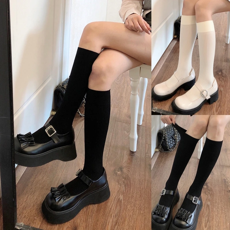 Preppy Women Knee High Socks Sweet Milky White Black Vertical Striped Solid Color Uniform Thin Calf Stockings