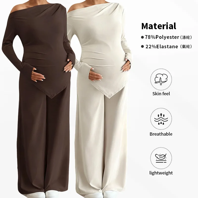 Maternity Casual Suit Autumn New European and American One-line Shoulder Collar Asymmetrical Hem Straight Leg Trousers