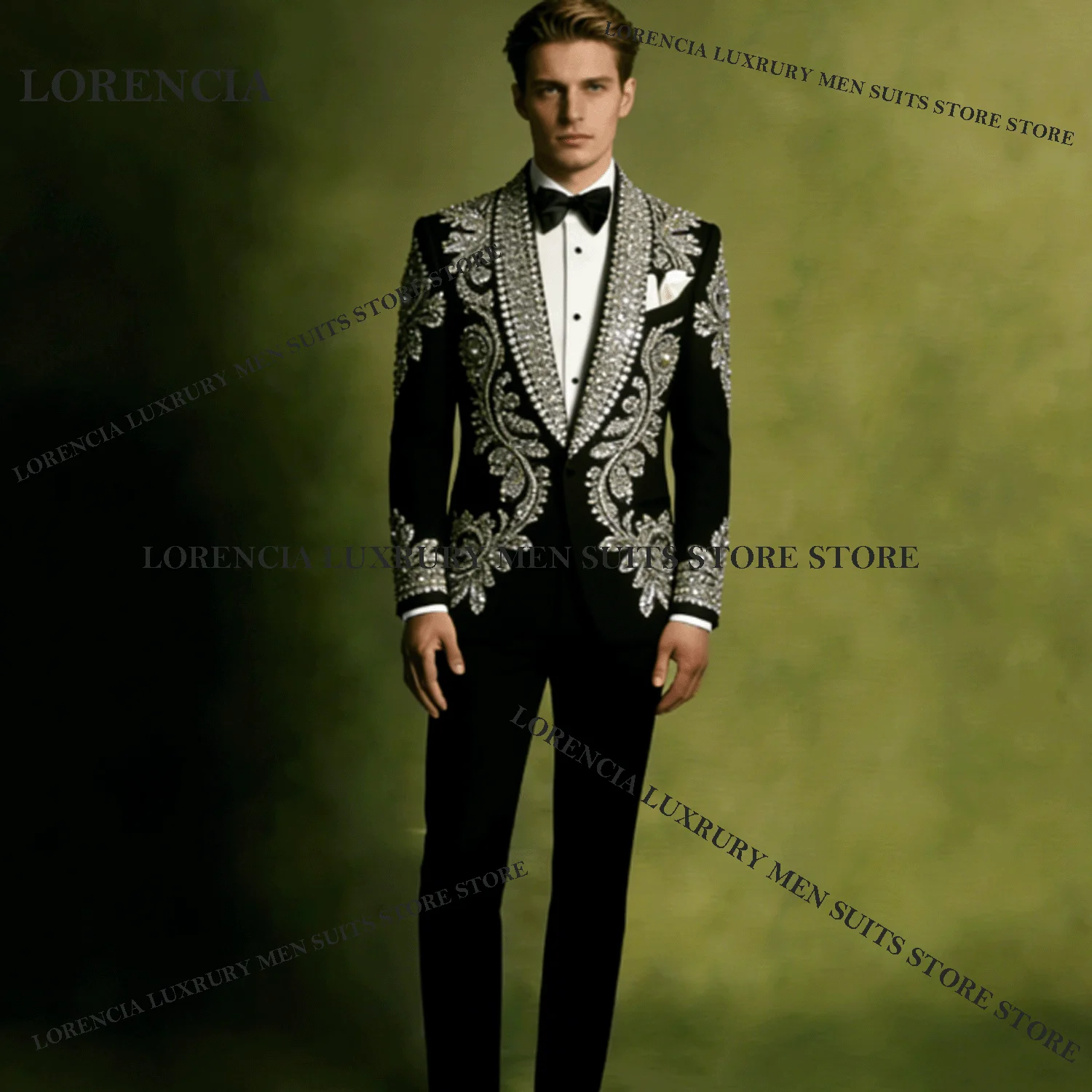 

Customized Crystal Gem Men suits For Wedding Groom Rhinestone Sequins Male Prom Party Fashion Blazer 2 Pieces Sets Tuxedos Slim