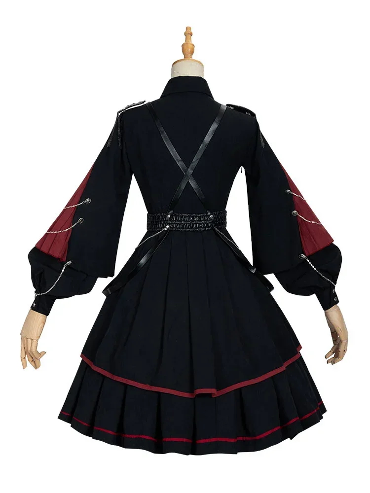 Military Style Lolita OP Dress 3 Pieces Set Black Long Sleeves Polyester Lolita Dress Outfit